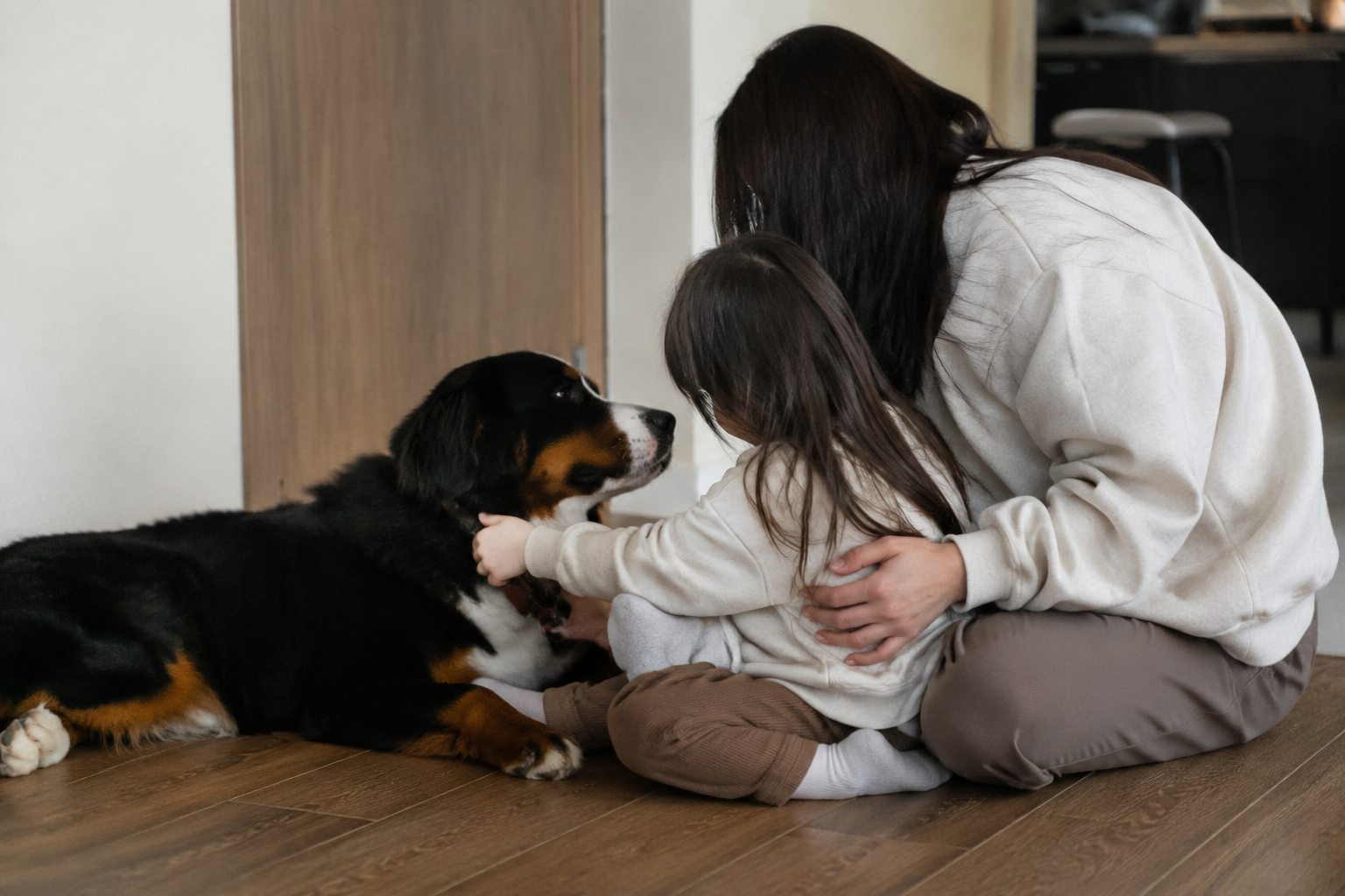 A parent comforting a young child who holds their Bernese Mountain Dog's collar on the floor — another moment