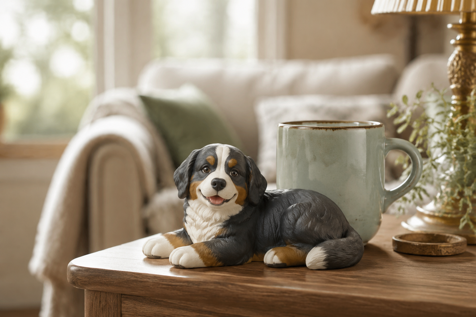 Bernese Mountain Dog figurine lying calmly with tri-color coat — in-article view