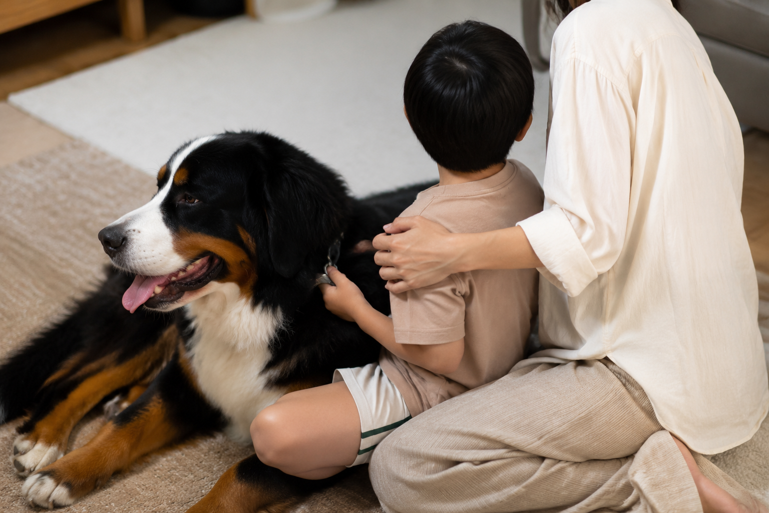 A parent comforting a young child who holds their Bernese Mountain Dog's collar on the floor