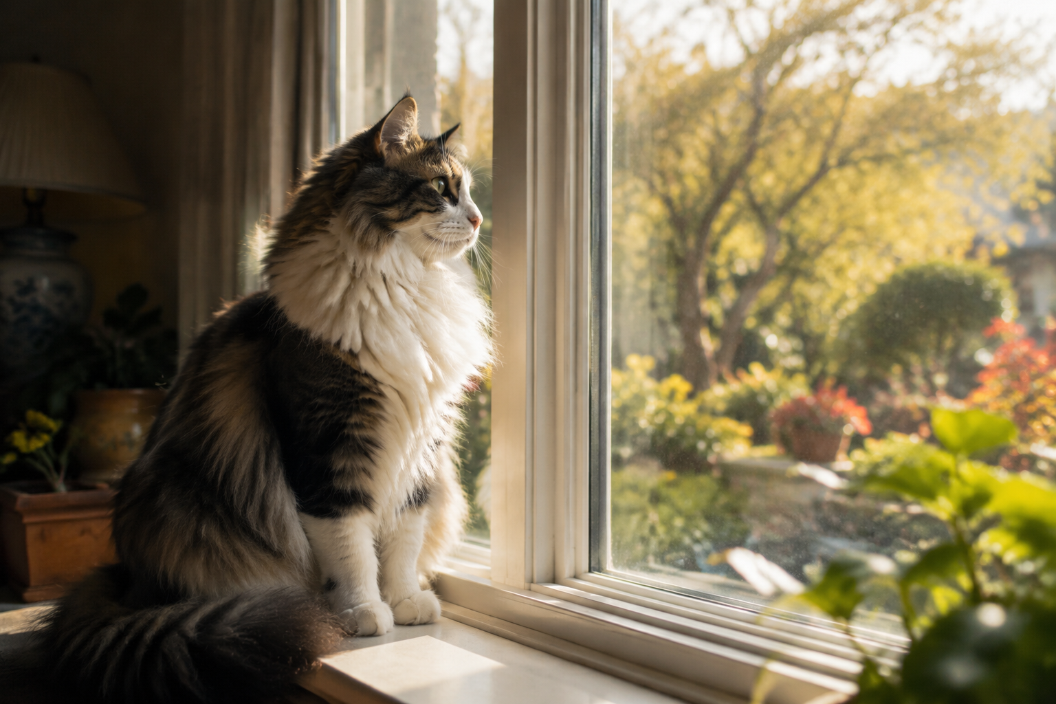 Norwegian Forest Cat sitting on a sunlit windowsill with its thick layered coat glowing in warm afternoon light