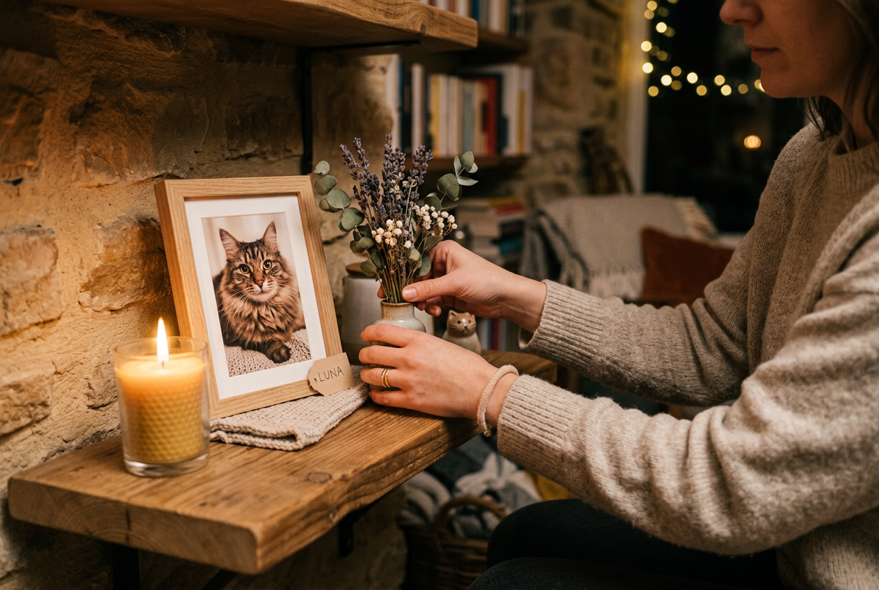 Hands arranging a memorial shelf with a candle, framed cat photo, and dried flowers with loving care