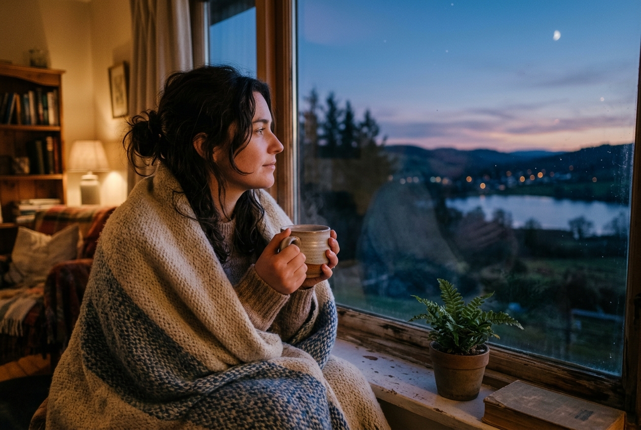 Person wrapped in a blanket looking out a window at twilight holding a warm mug close to their chest