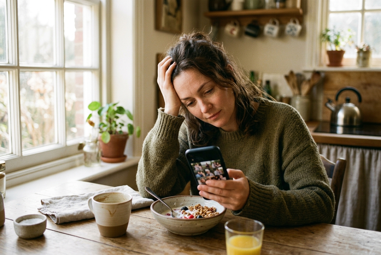 Person at a kitchen table resting head on hand while looking at old pet photos on a phone in warm morning light
