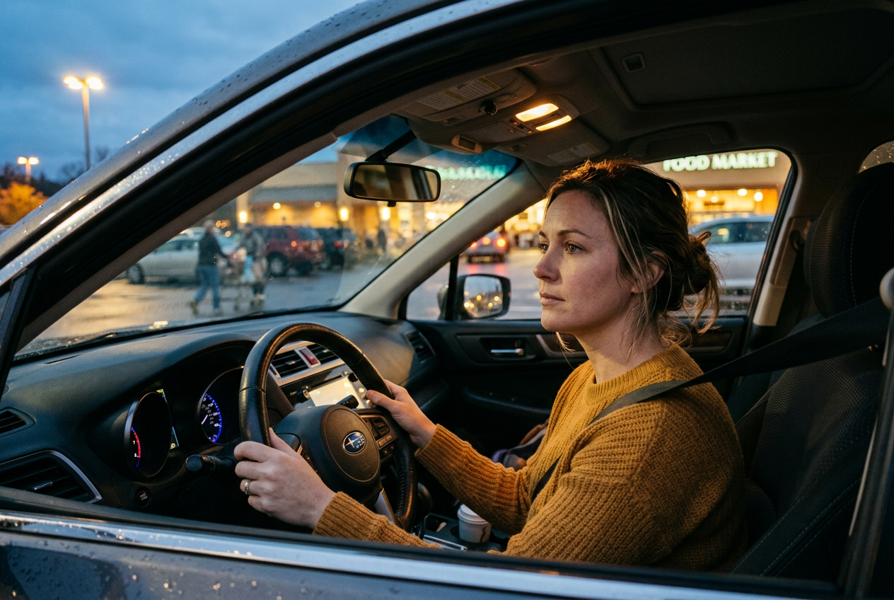 Person sitting alone in a parked car at twilight, experiencing an unexpected wave of pet loss grief