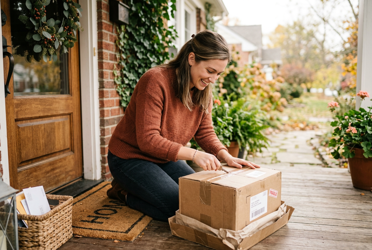 Person carefully opening packaged delivery box at front door with anticipation in natural light