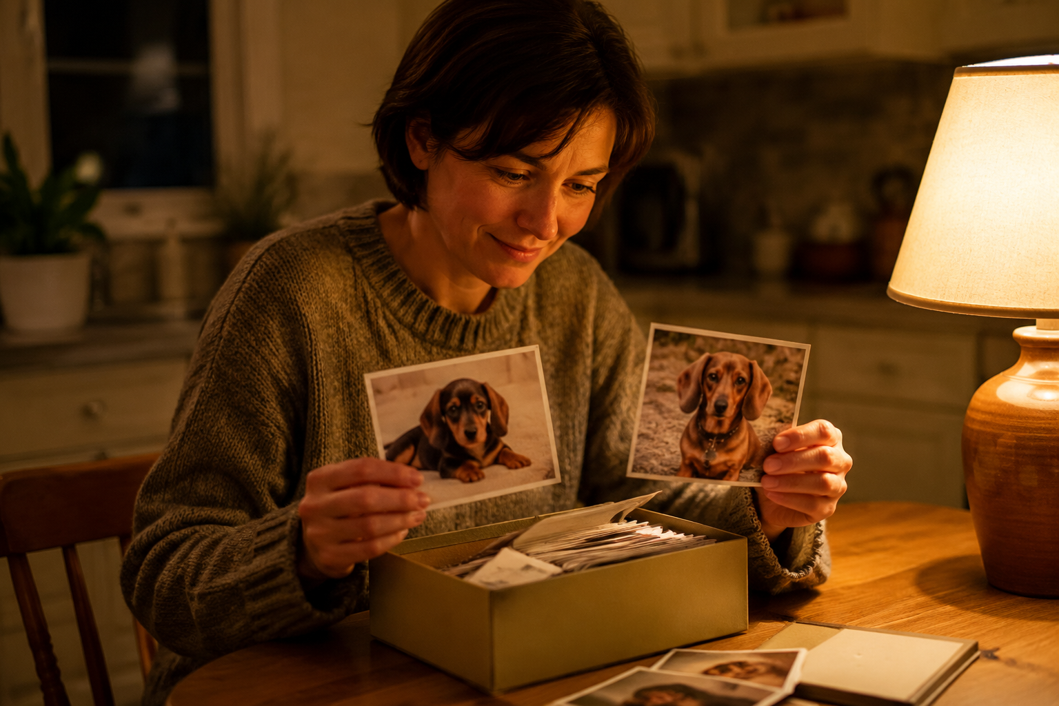Person sorting through old printed photographs of a Dachshund at different ages under warm lamp light at kitchen table