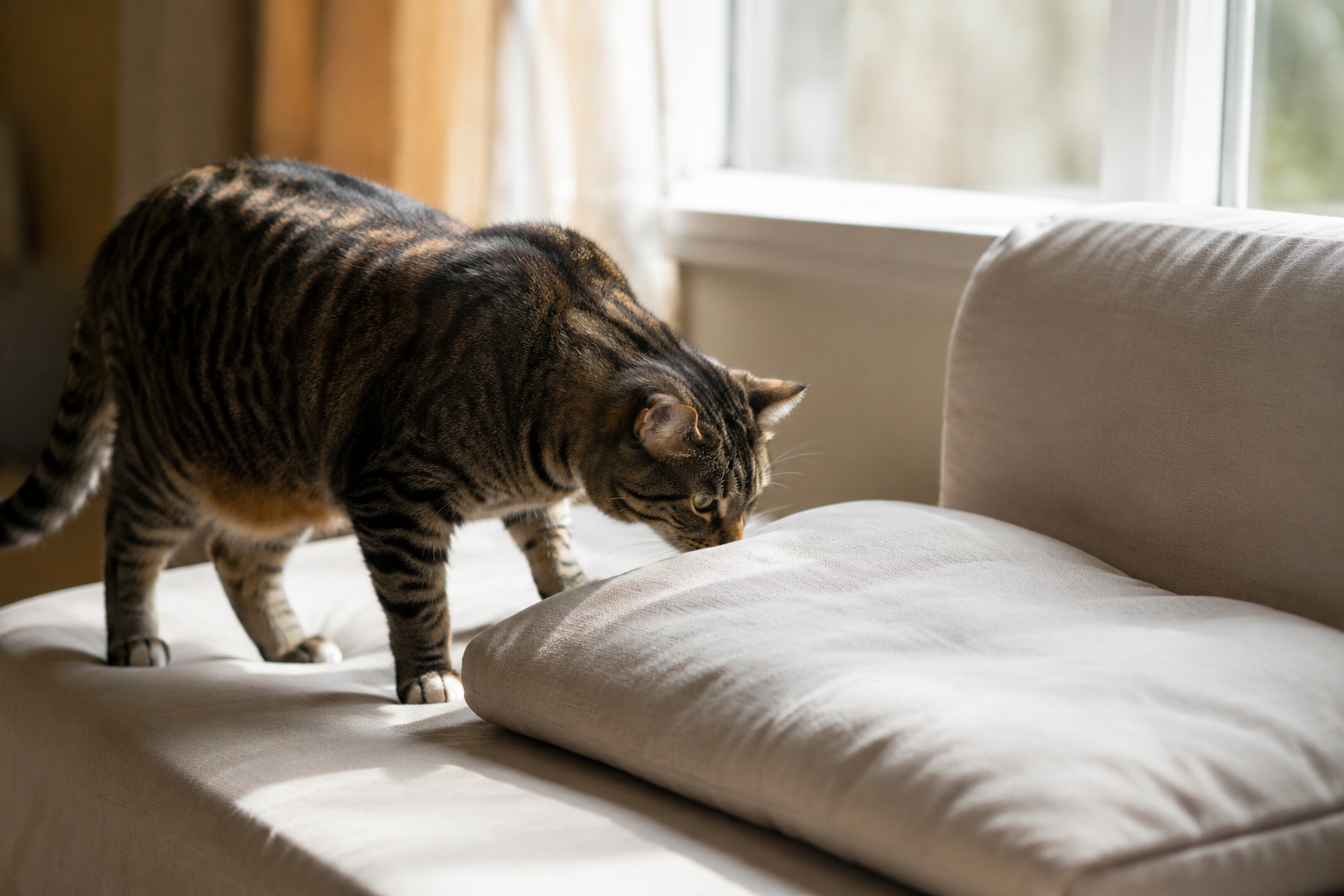 A surviving cat sniffing an empty cushion by a window, searching after the loss of its companion