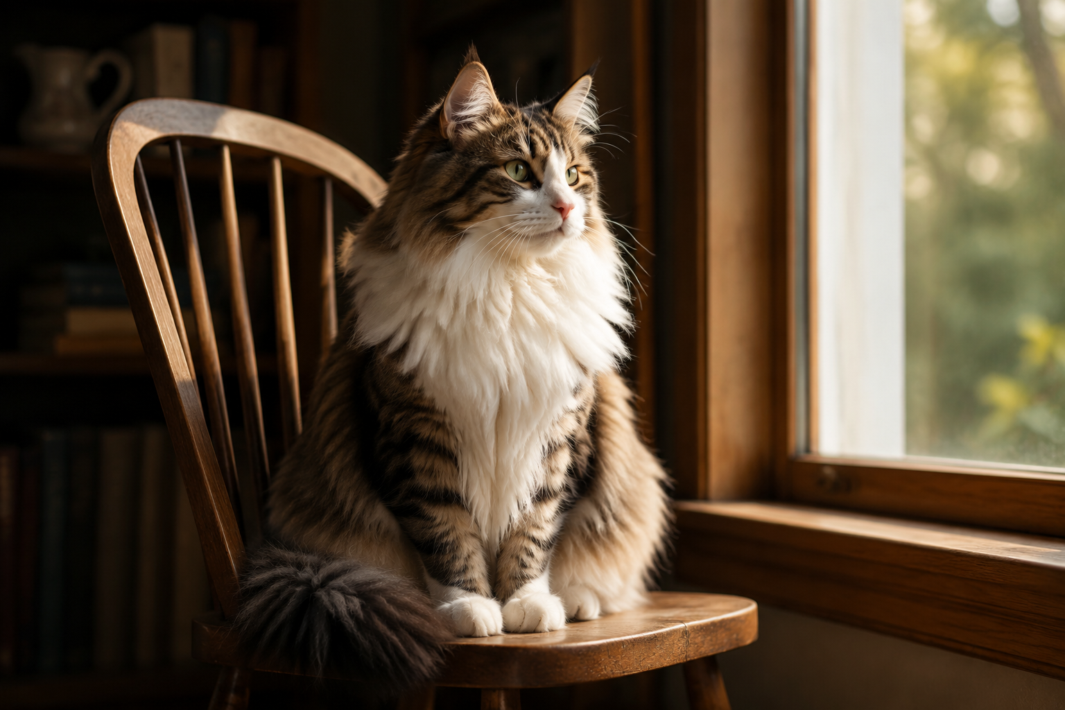 A majestic long-haired Norwegian Forest Cat perched regally on a wooden chair by a window in soft serene light