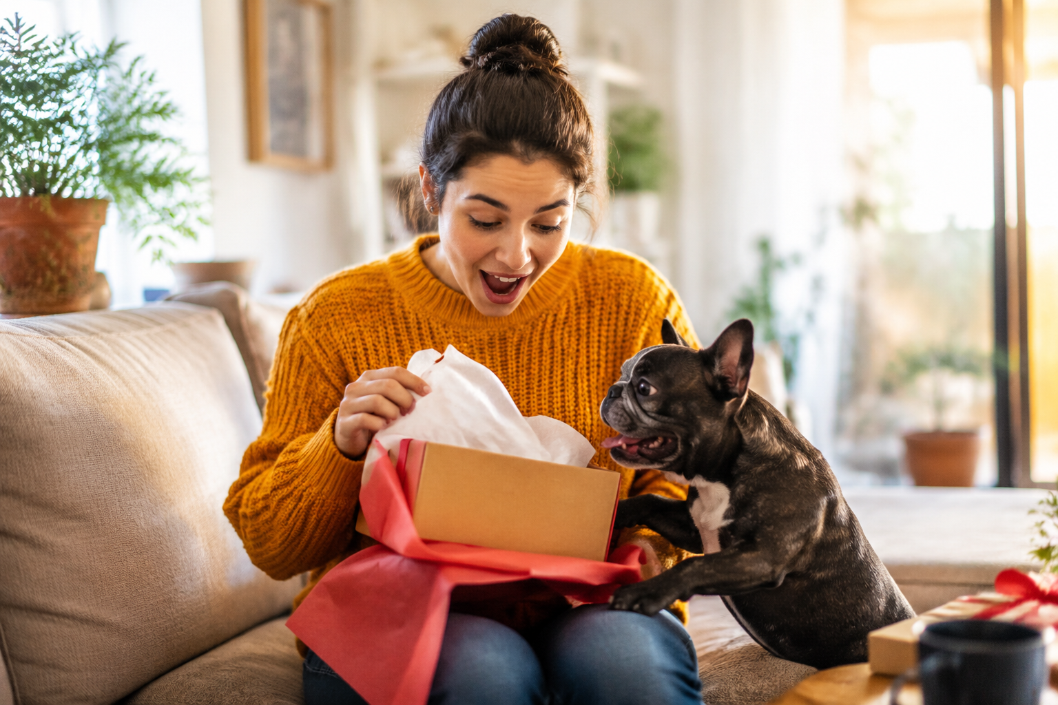 An owner reacting with joyful surprise as their French Bulldog jumps up beside the unwrapped gift
