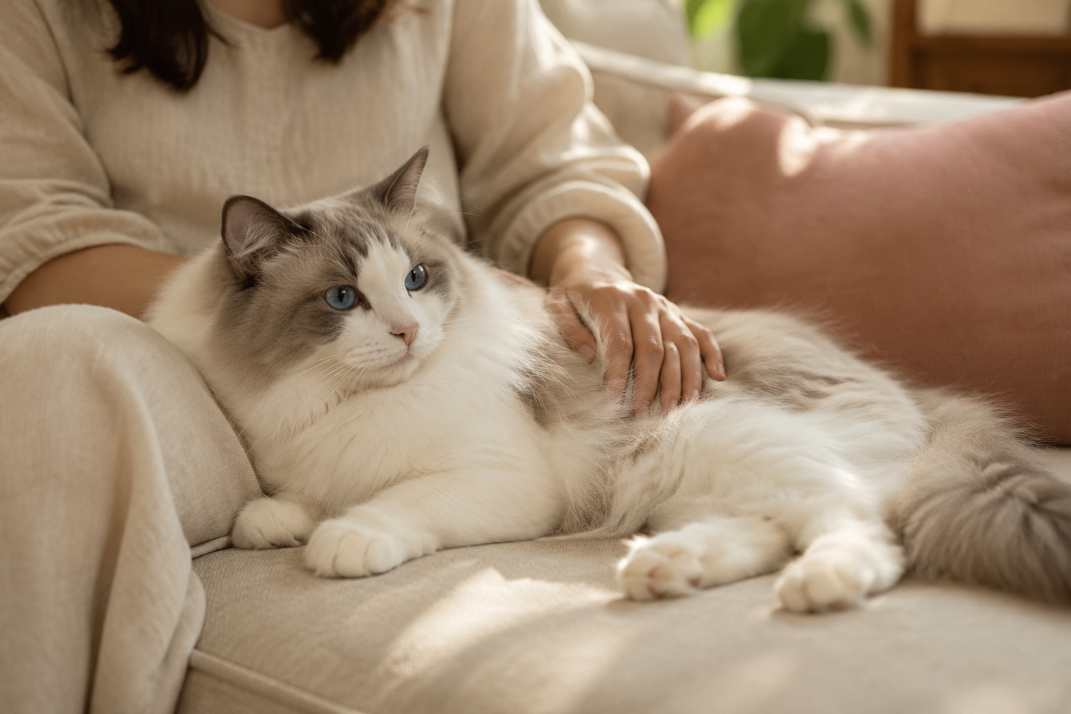 A fluffy Ragdoll cat resting on a linen sofa in warm afternoon light as an owner gently strokes its fur