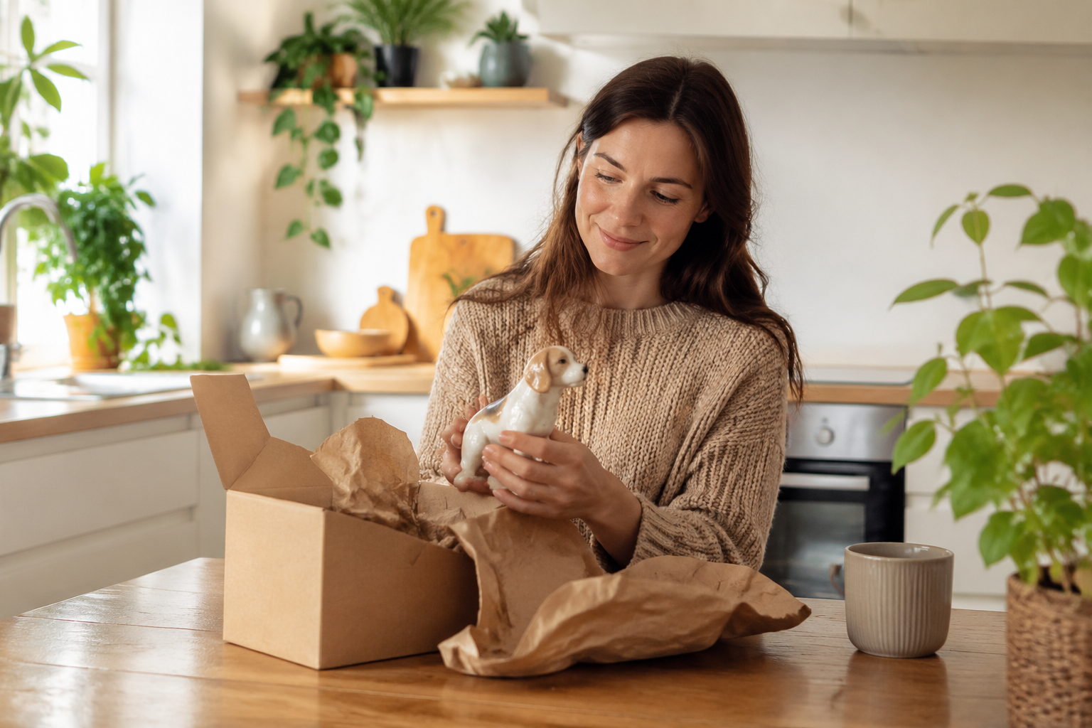 Person unpacking a pet figurine from recyclable kraft packaging at a bright kitchen table examining the materials with interest