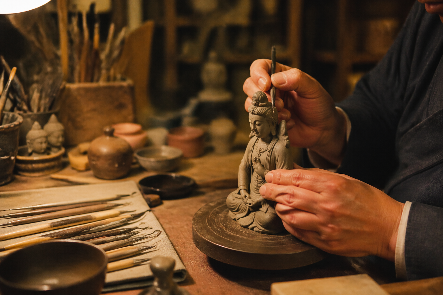 Artisan's hands carefully crafting figurine with precision tools