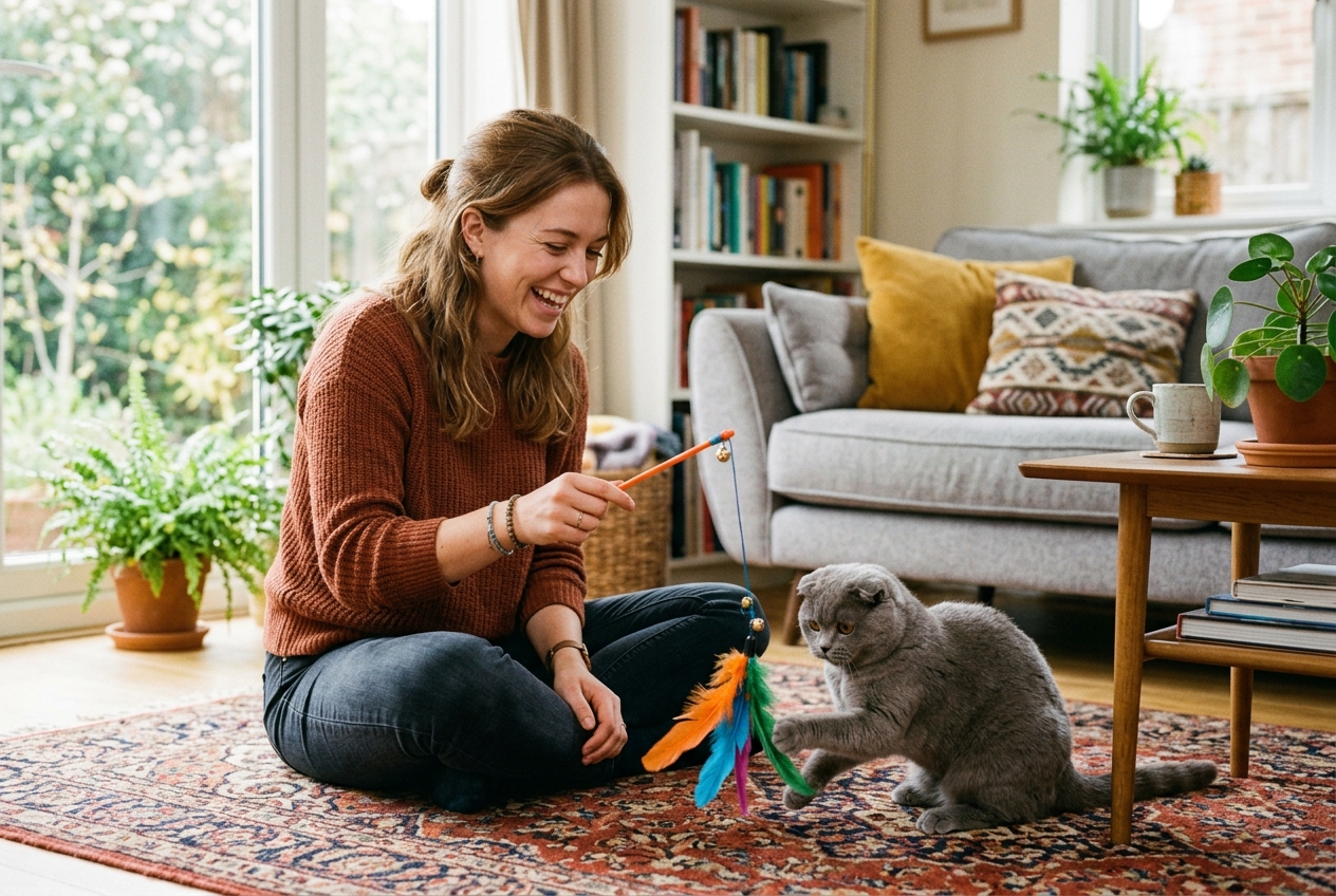 Friendly pet sitter sitting on a floor playing with a Scottish Fold cat using a feather toy in bright light