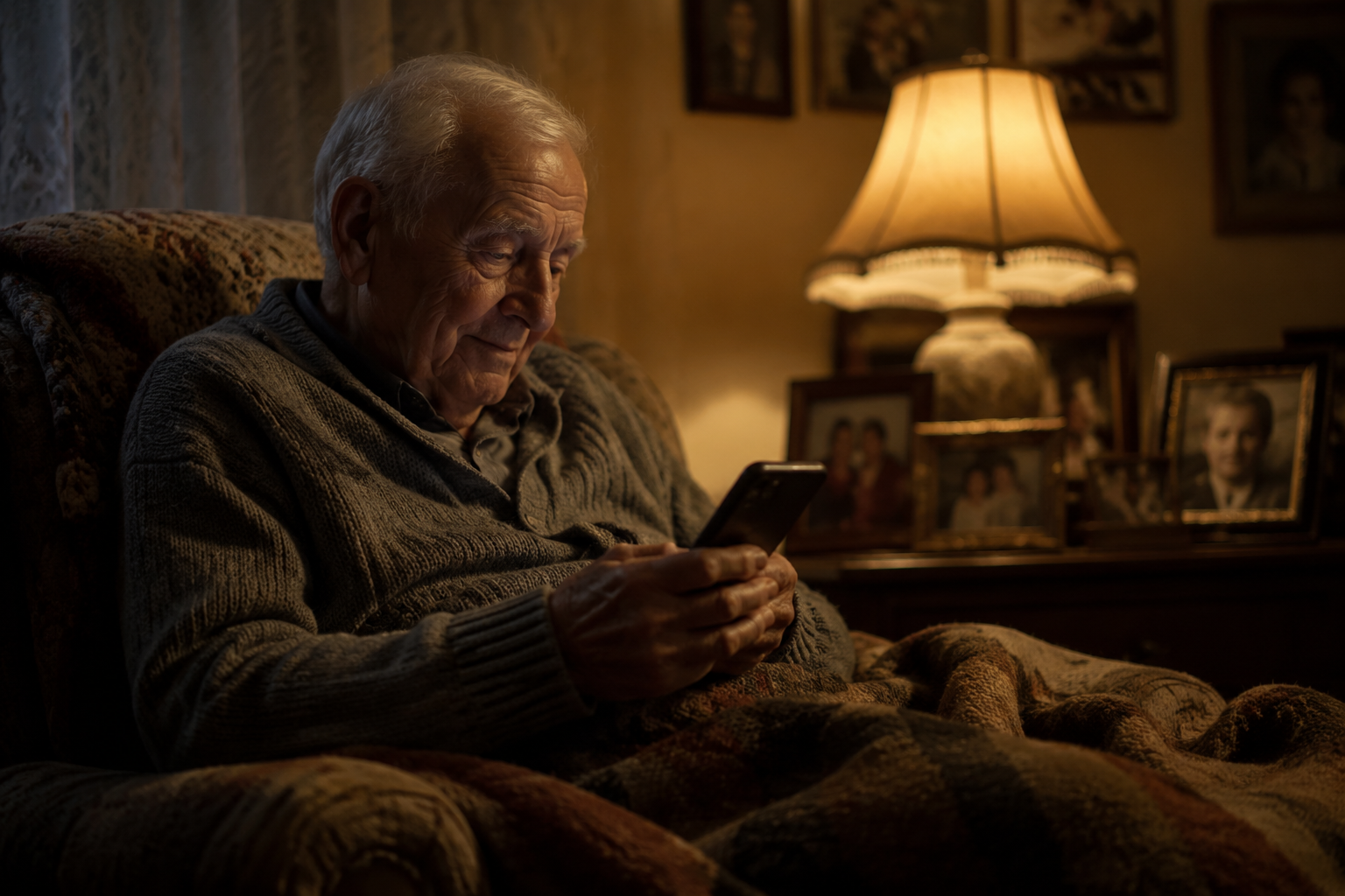 An elderly man revisiting old phone photos of his Pug under warm lamplight, two years after the loss