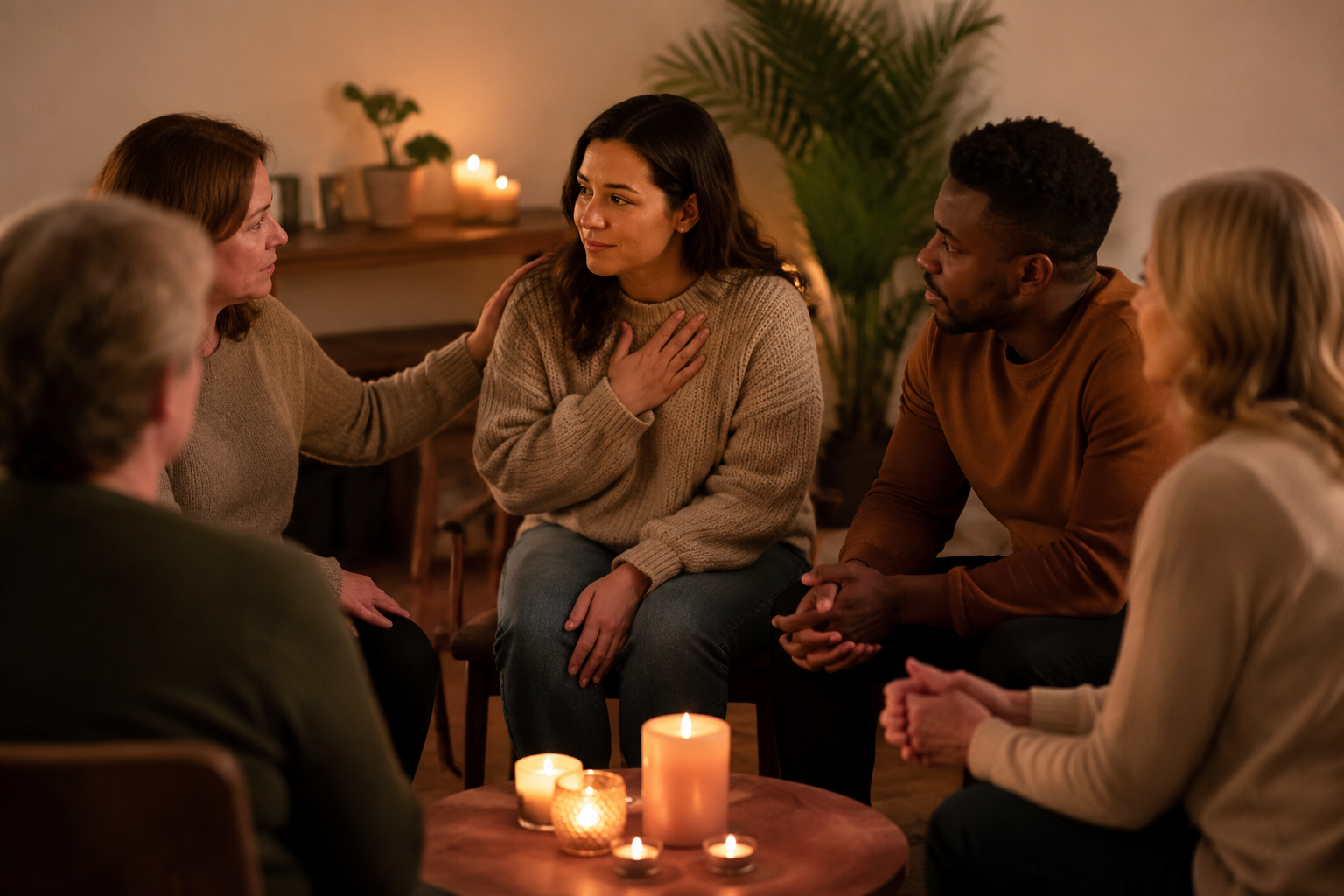 A small support group sitting in a circle in a cozy candlelit room sharing gently in comforting togetherness