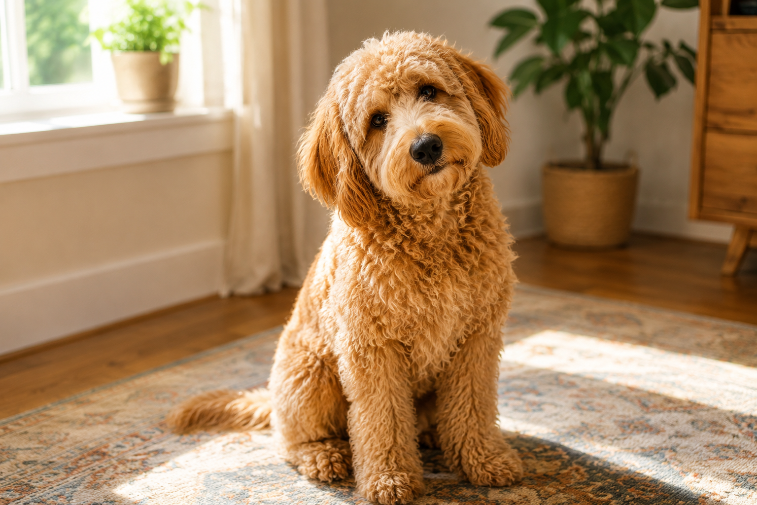 Apricot Labradoodle with curly fur sitting in sunlit room with head tilted showing coat texture detail