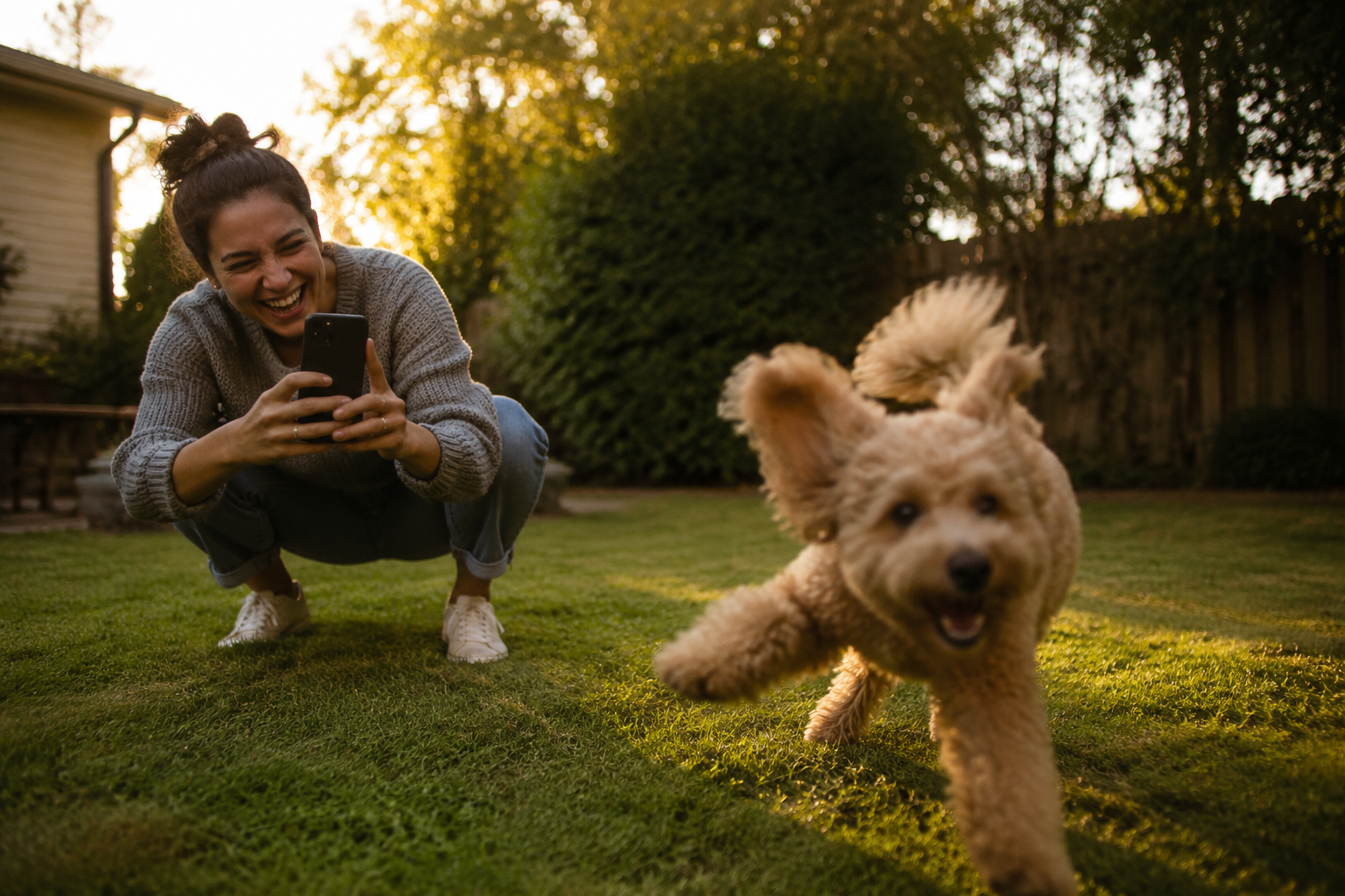 Person crouching with smartphone photographing a bouncing curly-haired dog in a backyard during golden hour
