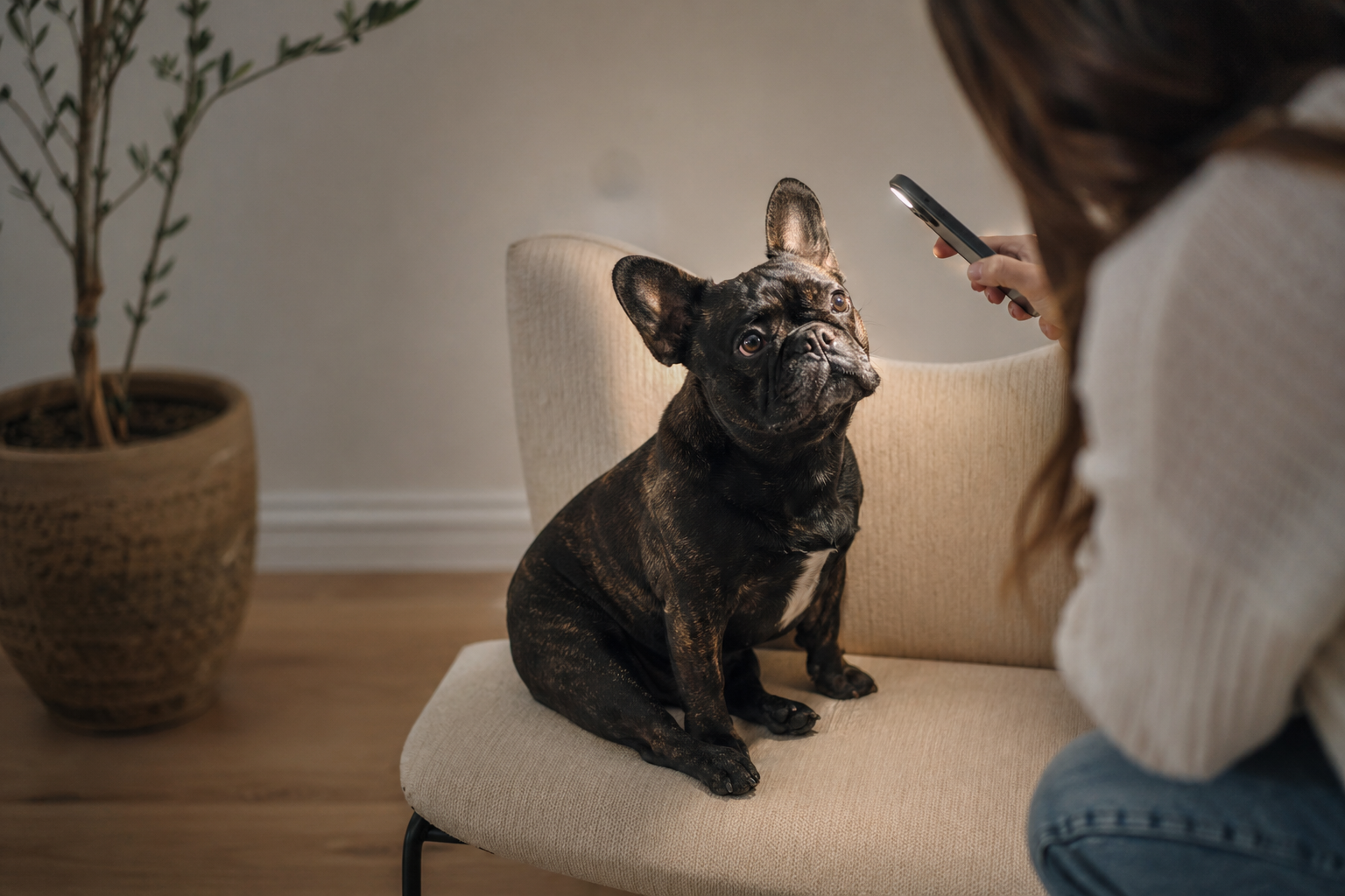 Owner photographing a French Bulldog's face clearly in a simple home setup