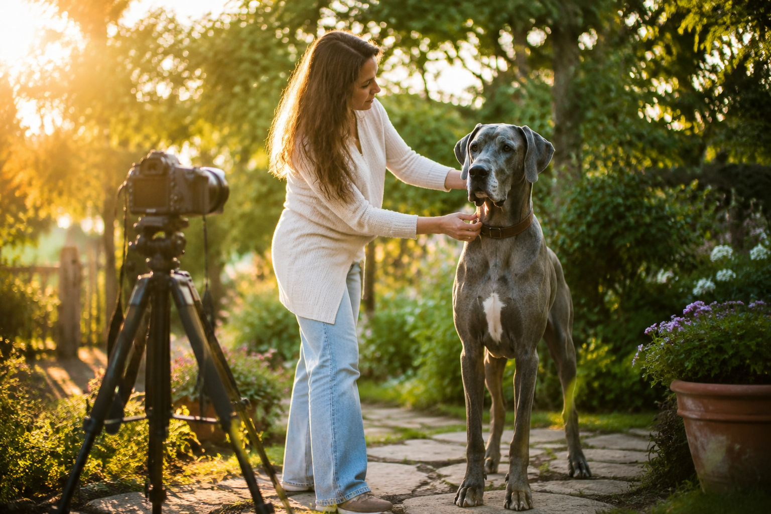 Great Dane standing patiently in a garden during golden hour while owner positions them near a camera tripod