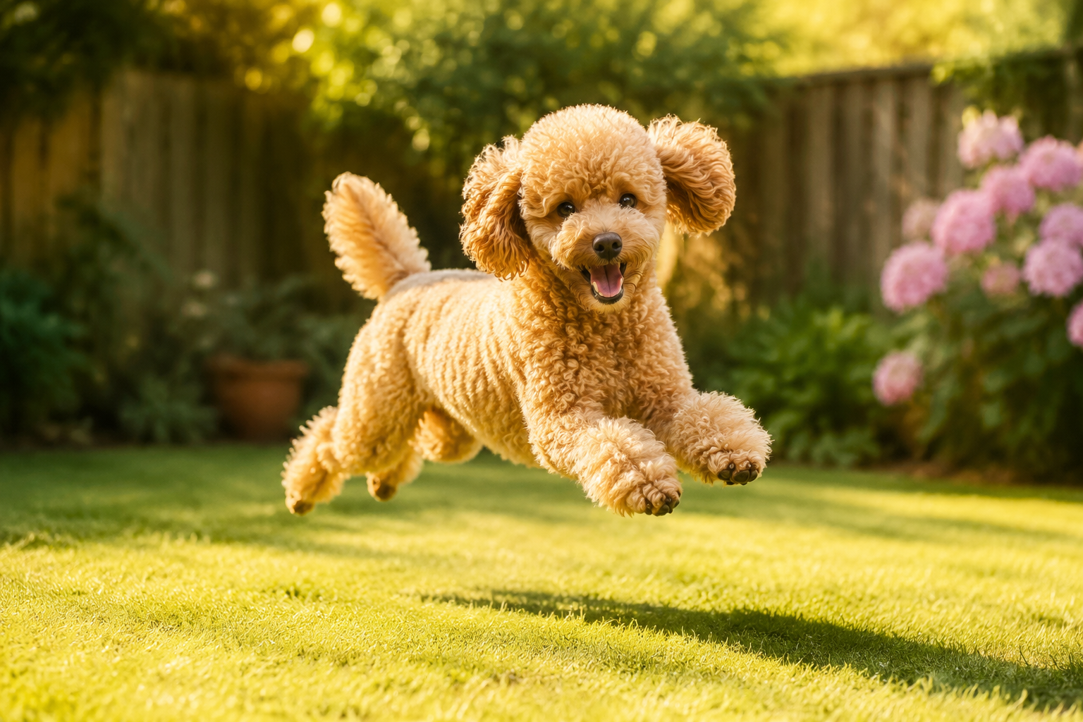 Energetic Poodle leaping playfully across a sunlit backyard with its curly coat bouncing in motion