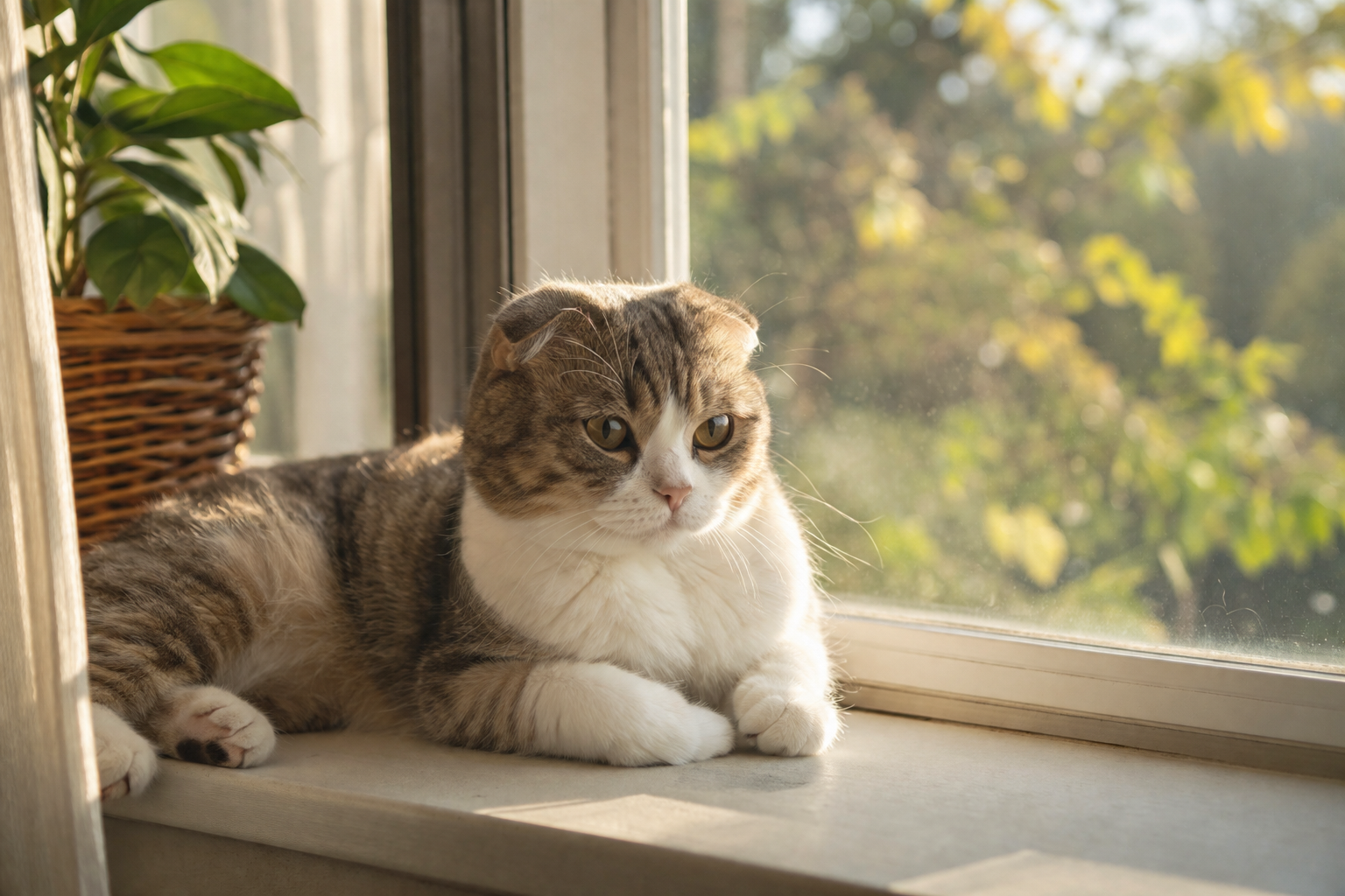 Scottish Fold cat lounging on a windowsill in soft afternoon light with rounded folded ears and gentle eyes