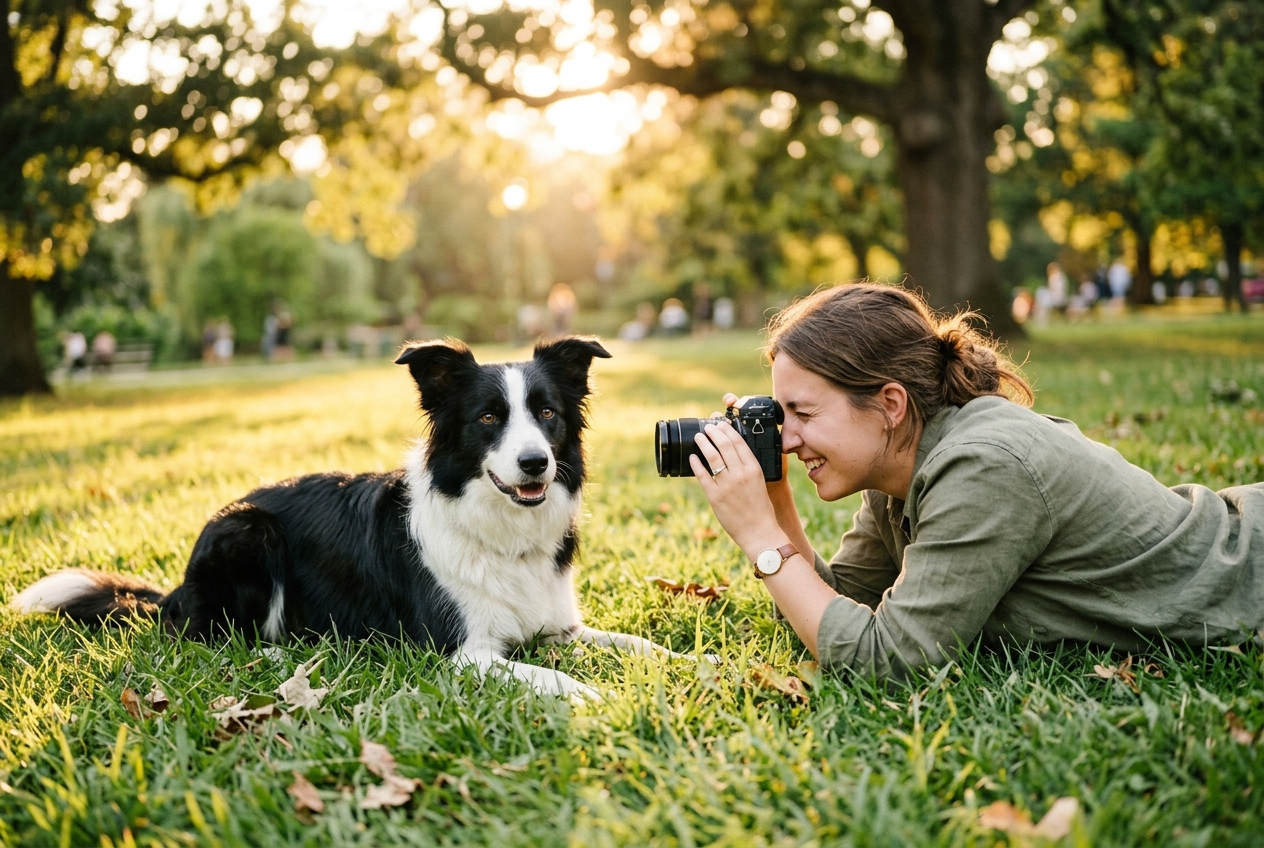Person lying on the ground in a park photographing a Border Collie at eye level in golden hour light