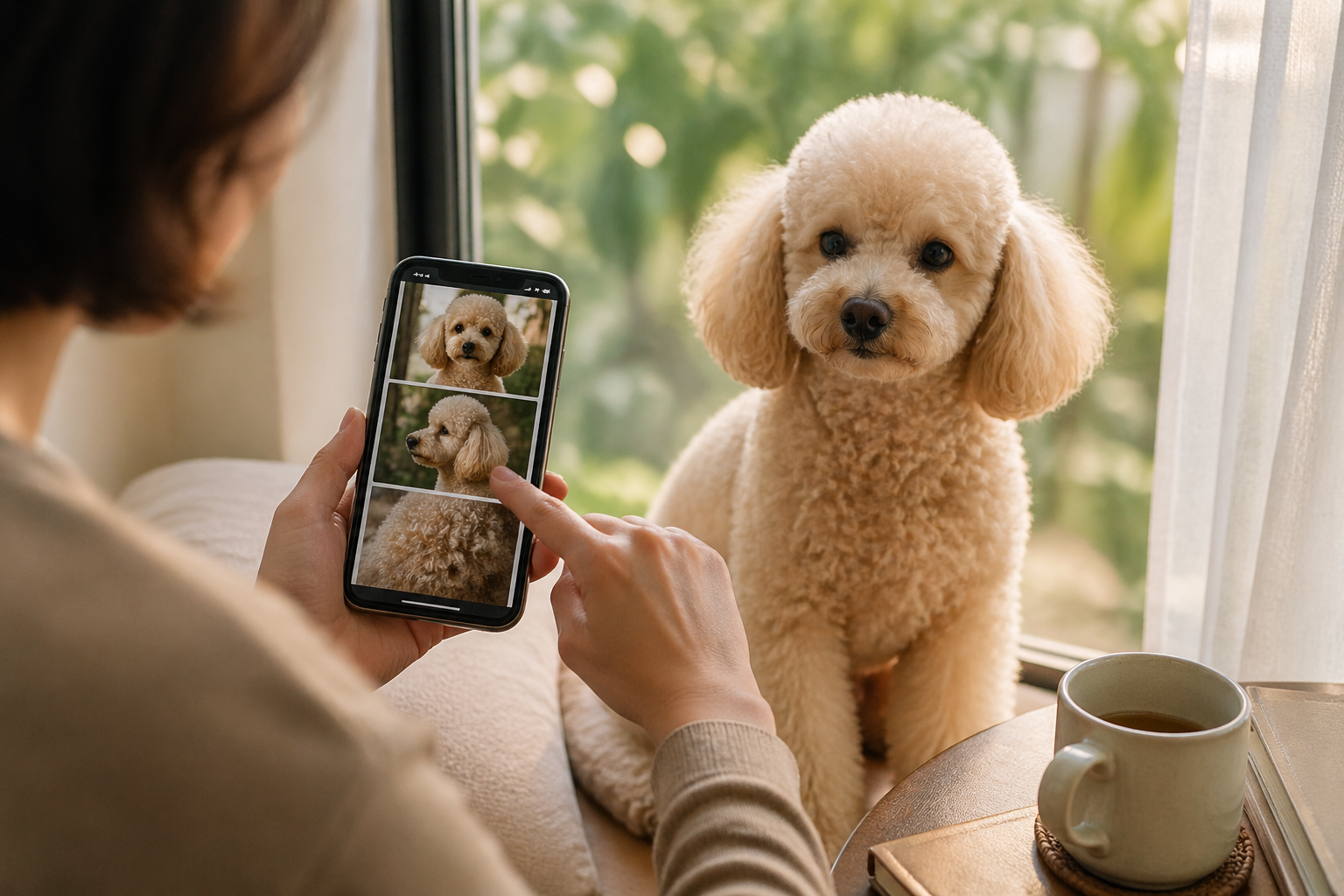 Owner sorting strong reference photos of a Poodle near a bright window