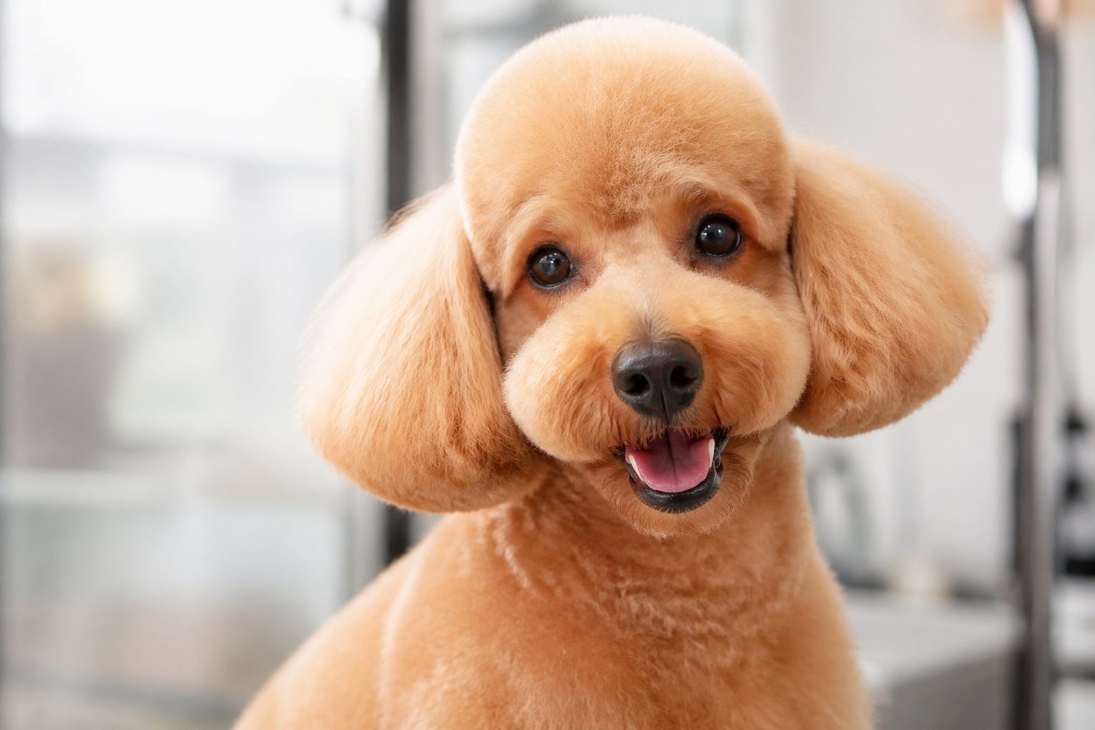 Freshly groomed Poodle with bright, happy expression