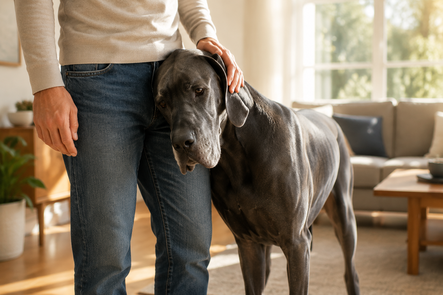 Owner resting a hand on a Great Dane's broad head in a bright, tidy living room during soft morning light