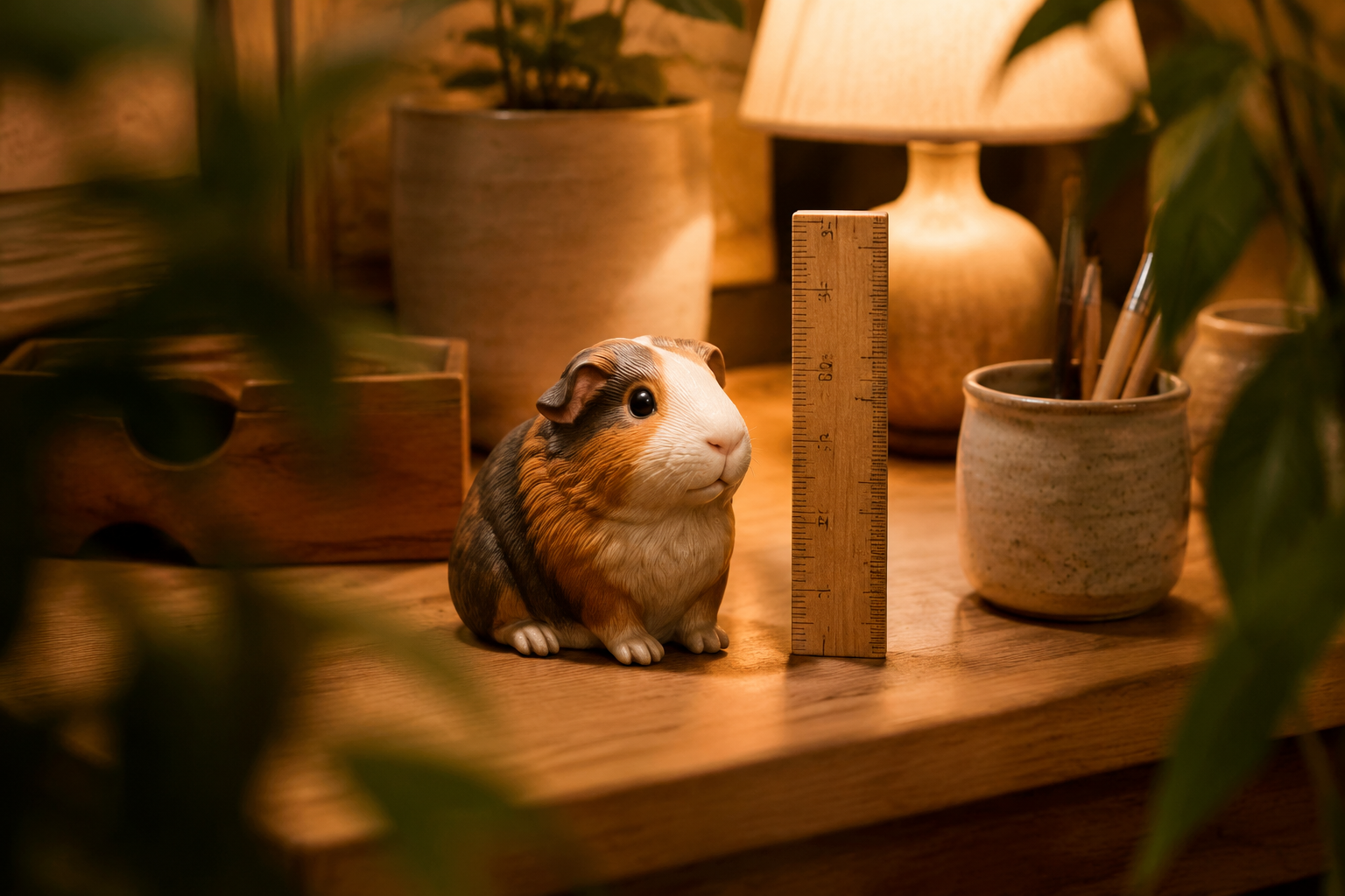 Elderly Guinea Pig figurine sitting compact and calm — in-article view