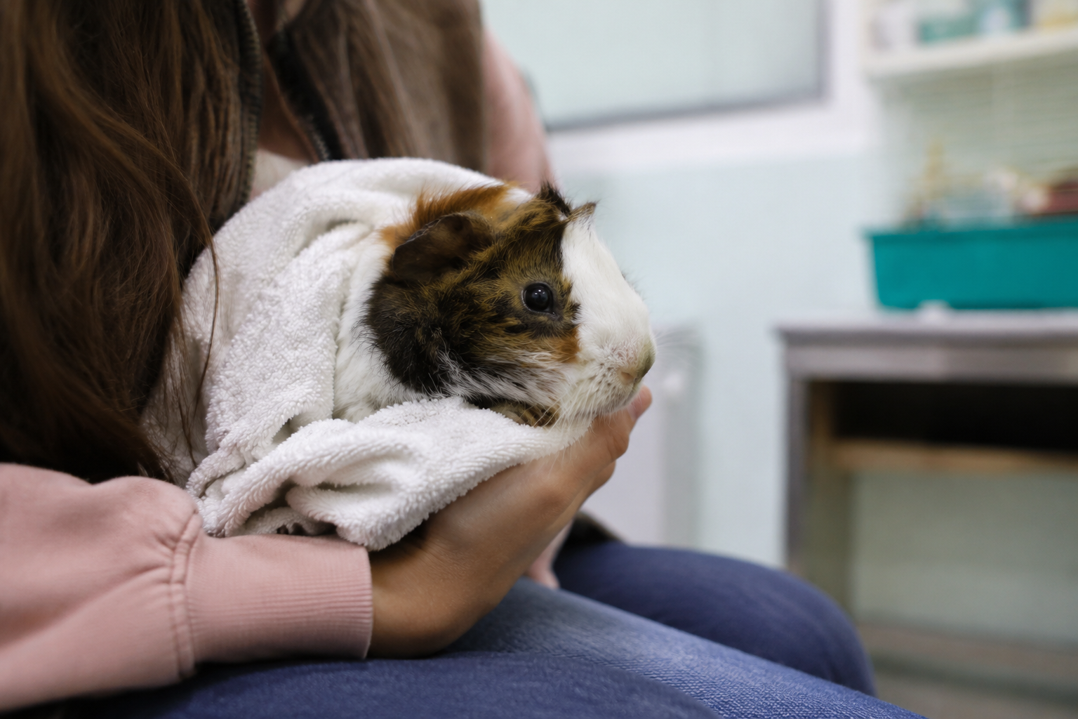 A first-time owner gently cradling a geriatric guinea pig in a towel before a vet checkup