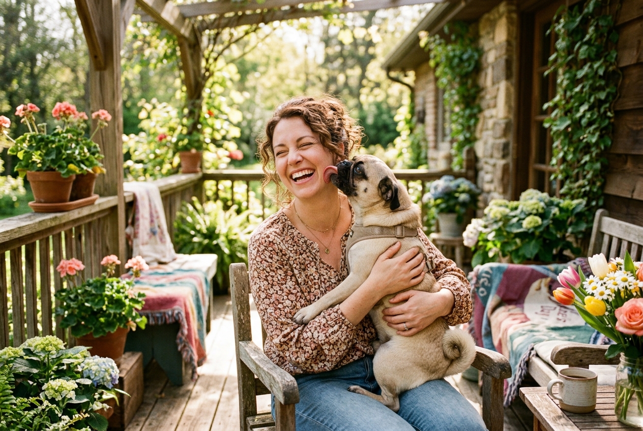 Smiling woman holding a Pug close to her face on a sunny porch with the dog licking her cheek