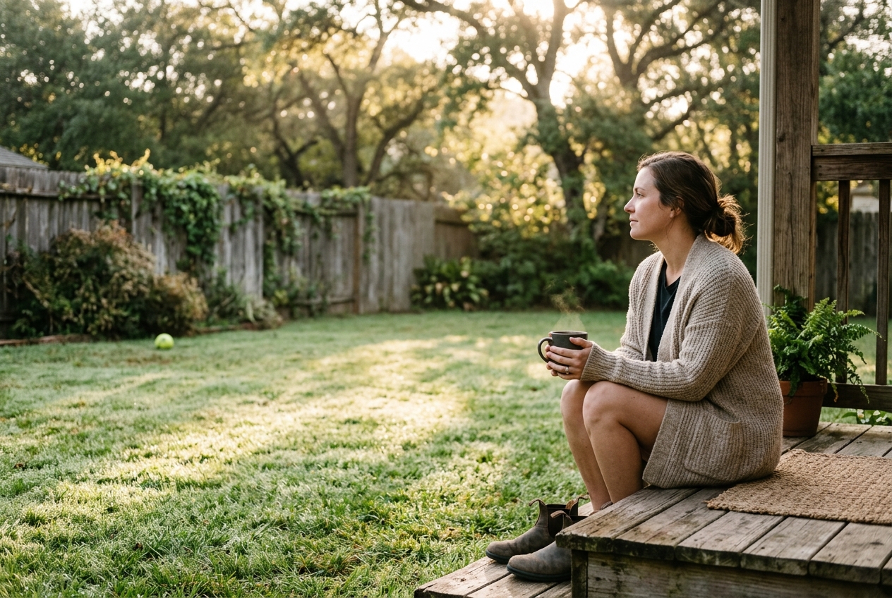 Person sitting alone on a porch step at dawn holding a mug and looking at an empty yard with a tennis ball in the grass