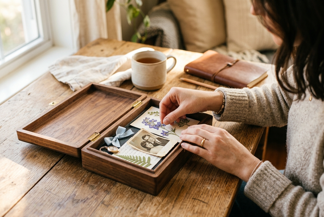 Hands carefully arranging meaningful small objects into a wooden keepsake box on a sunlit table