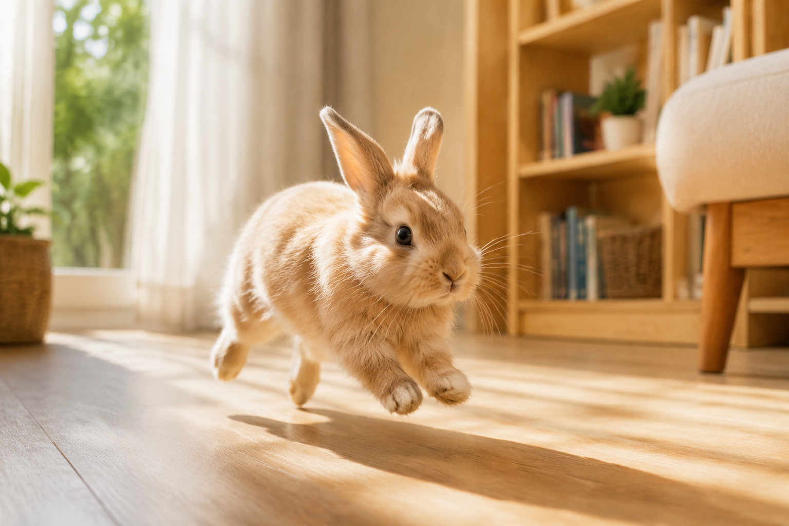 Fluffy rabbit hopping across a sunlit wooden floor in a tidy room with soft light catching its fur