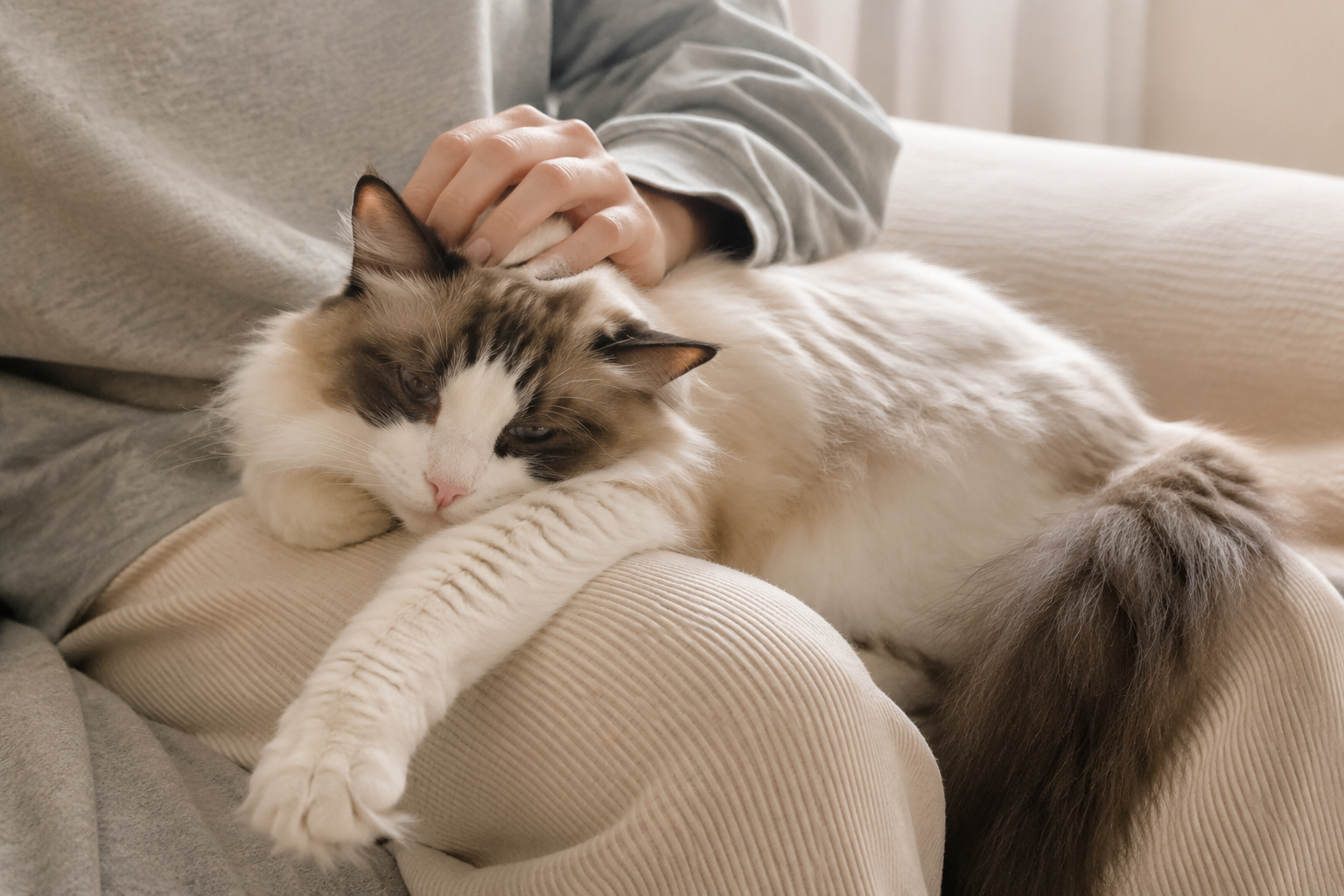 A relaxed Ragdoll cat lying across its owner's lap being gently petted