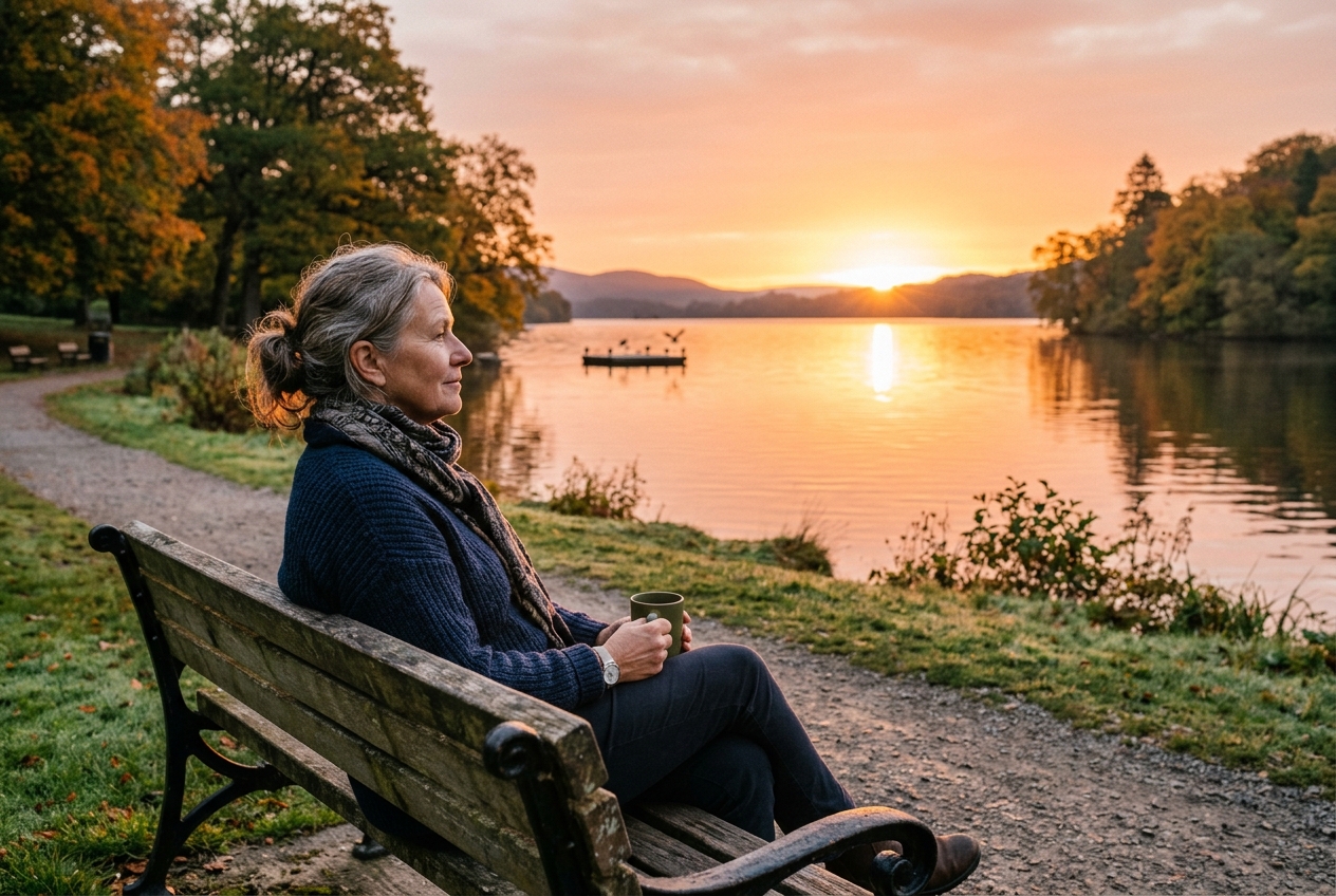 Person on bench watching sunrise over water at dawn
