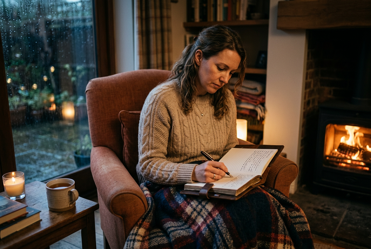 Person writing in journal by fireplace with warm blanket in contemplative evening scene