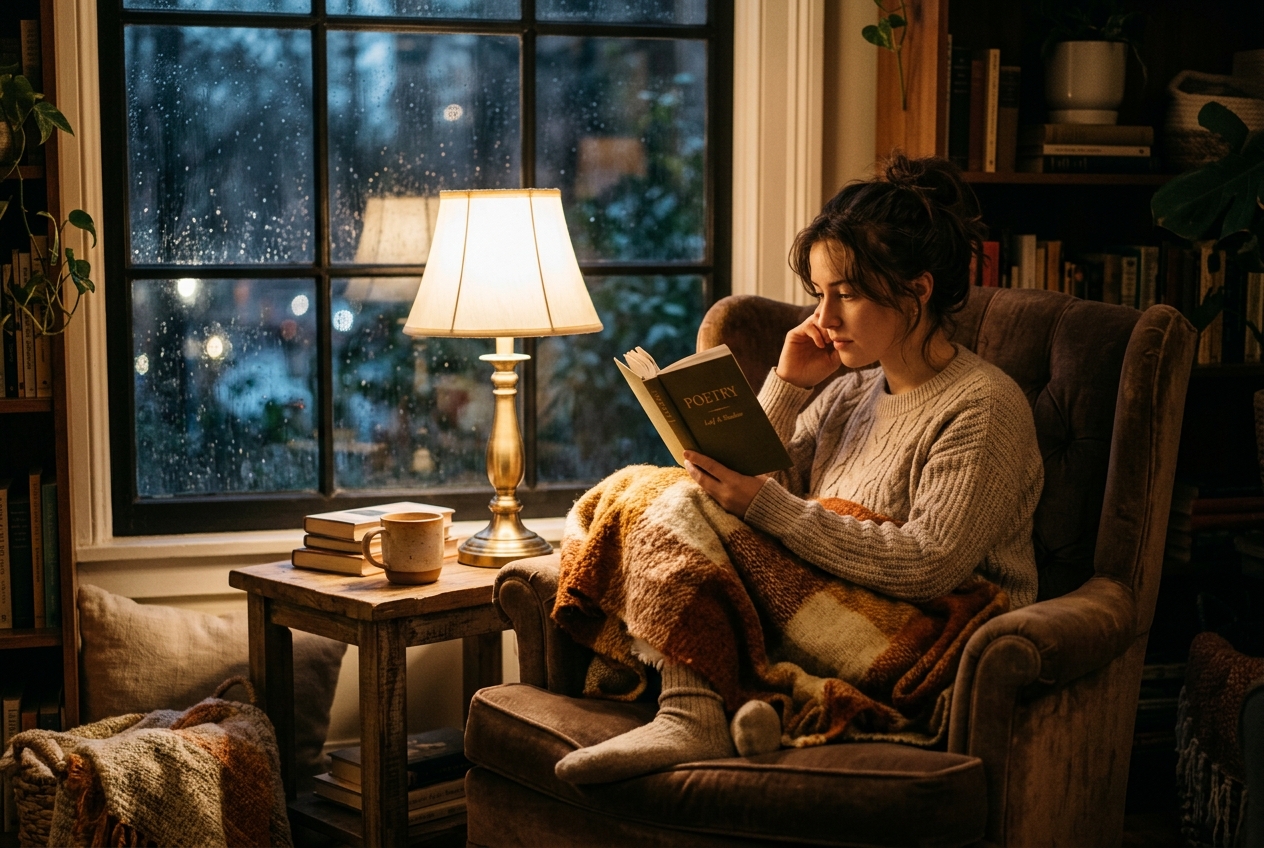 Person curled up in an armchair reading poetry under warm lamp light with a rainy window behind them