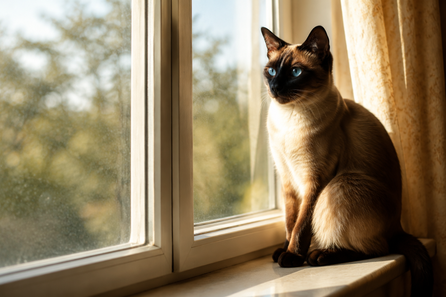 Elegant Siamese cat with bright blue eyes sitting on a sunlit windowsill in soft morning light at home