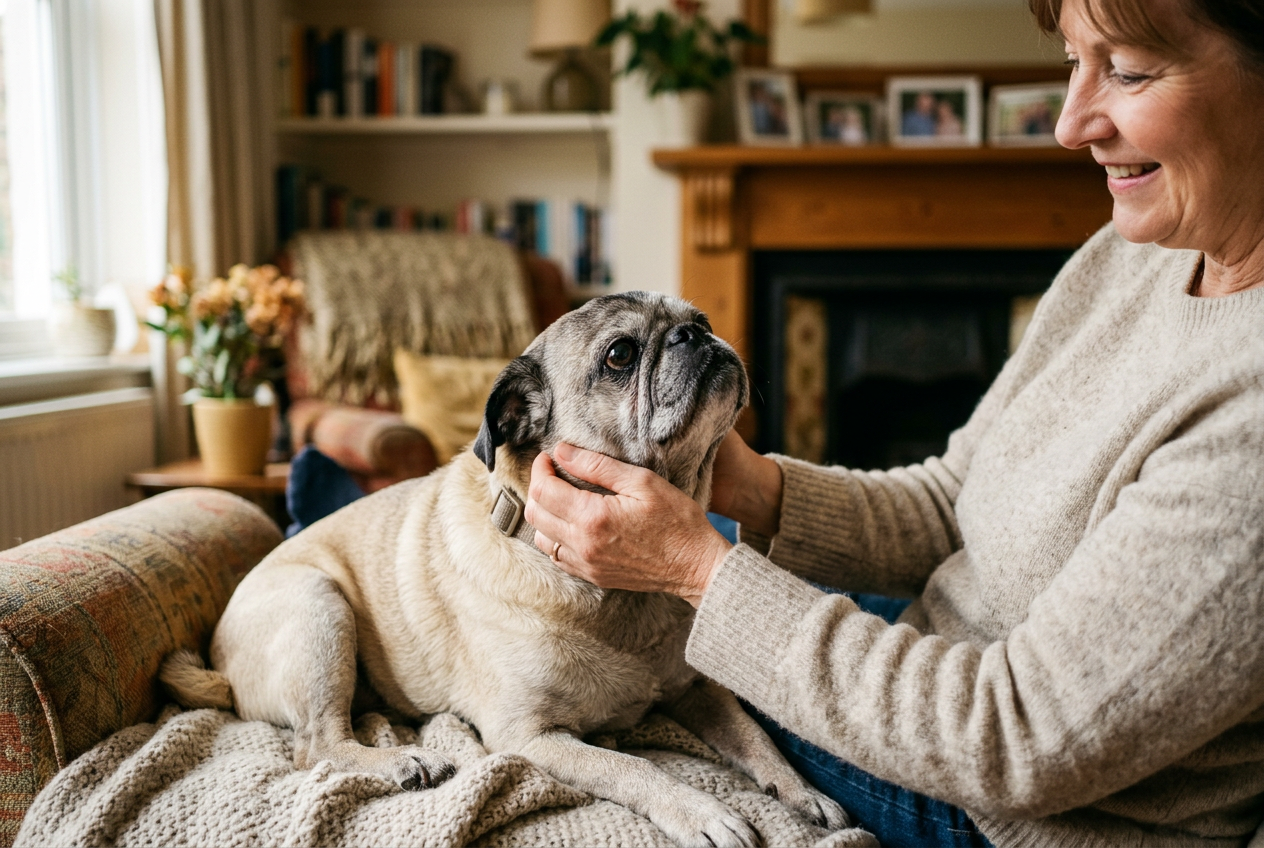 Senior Pug with graying muzzle looking up trustingly at their owner who gently strokes their head
