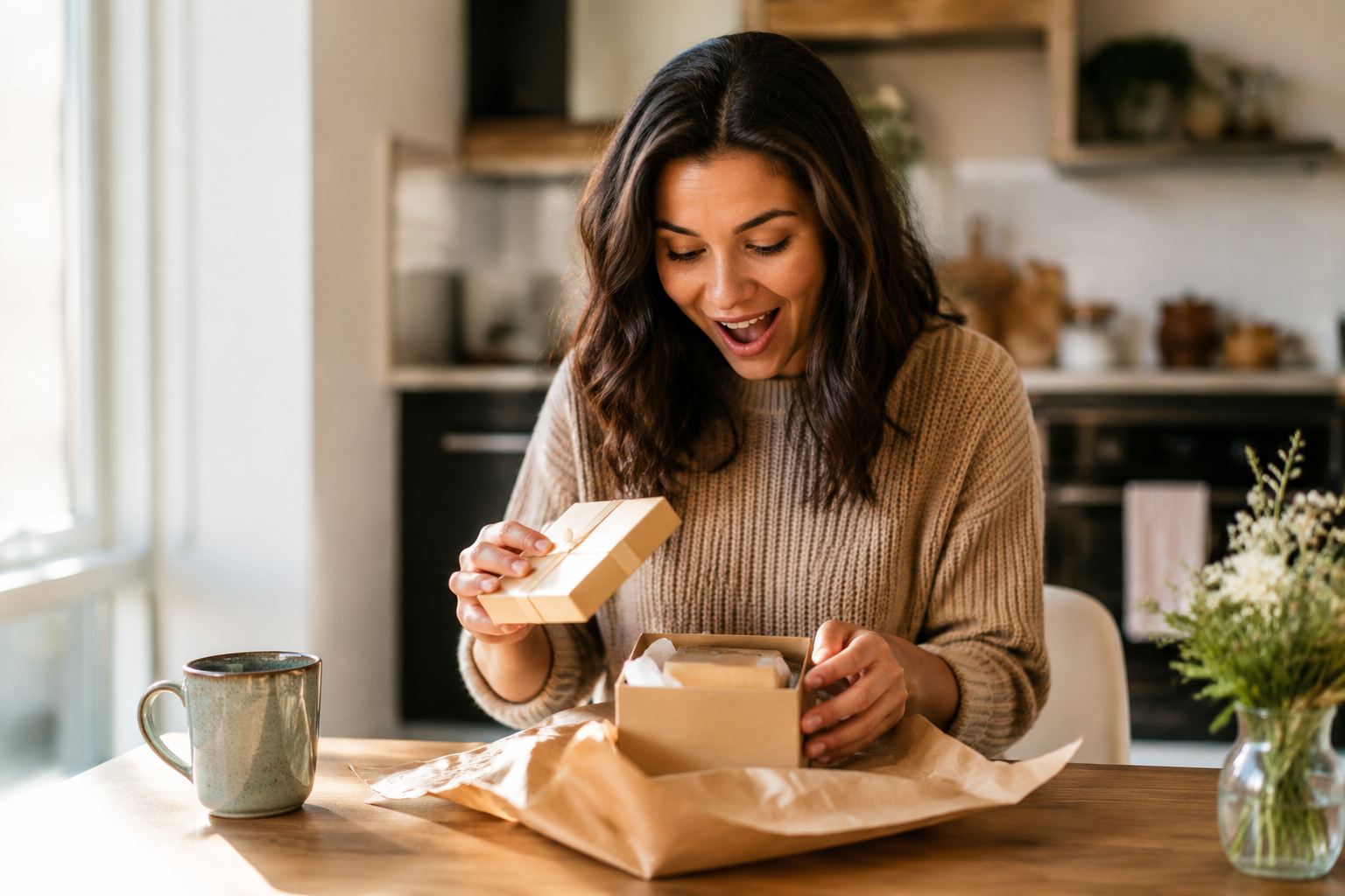 A person joyfully unwrapping a small gift box at a kitchen table with a surprised happy expression in daylight