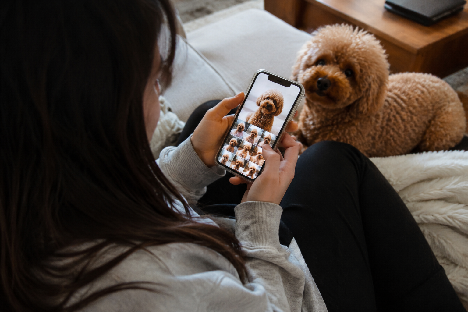 A person smiling while looking at old phone photos of their curly-coated Poodle