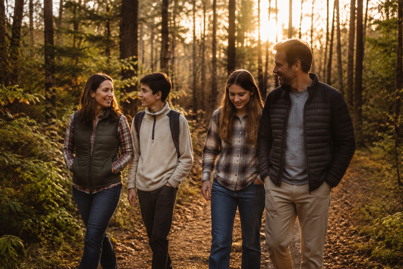 A family with teenagers walking together along a quiet forest trail at golden hour in a calm healing mood