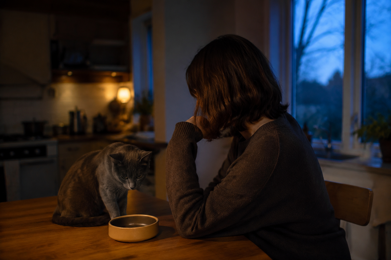 A person alone at a kitchen table at dusk glancing at their Russian Blue cat's empty food bowl — another moment