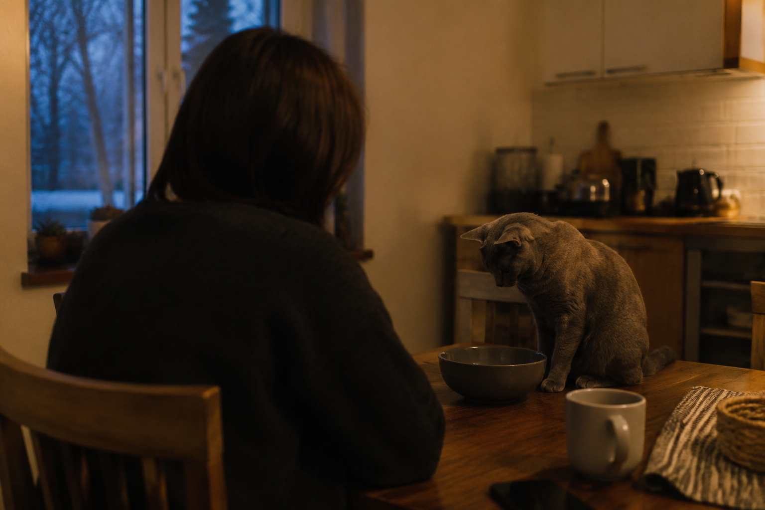 A person alone at a kitchen table at dusk glancing at their Russian Blue cat's empty food bowl