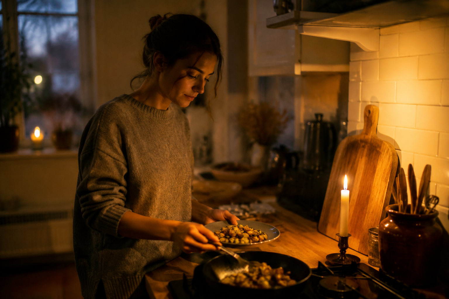Person plating a home-cooked meal in a softly lit dusk kitchen with a single candle glowing nearby