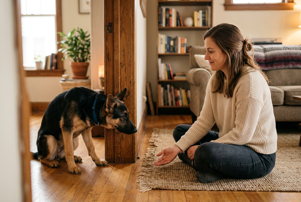 Newly adopted German Shepherd cautiously approaching a patient person sitting on the floor