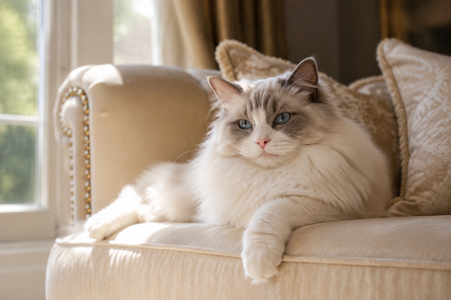 A Ragdoll cat with blue eyes lounging elegantly on a cream velvet sofa in warm afternoon light