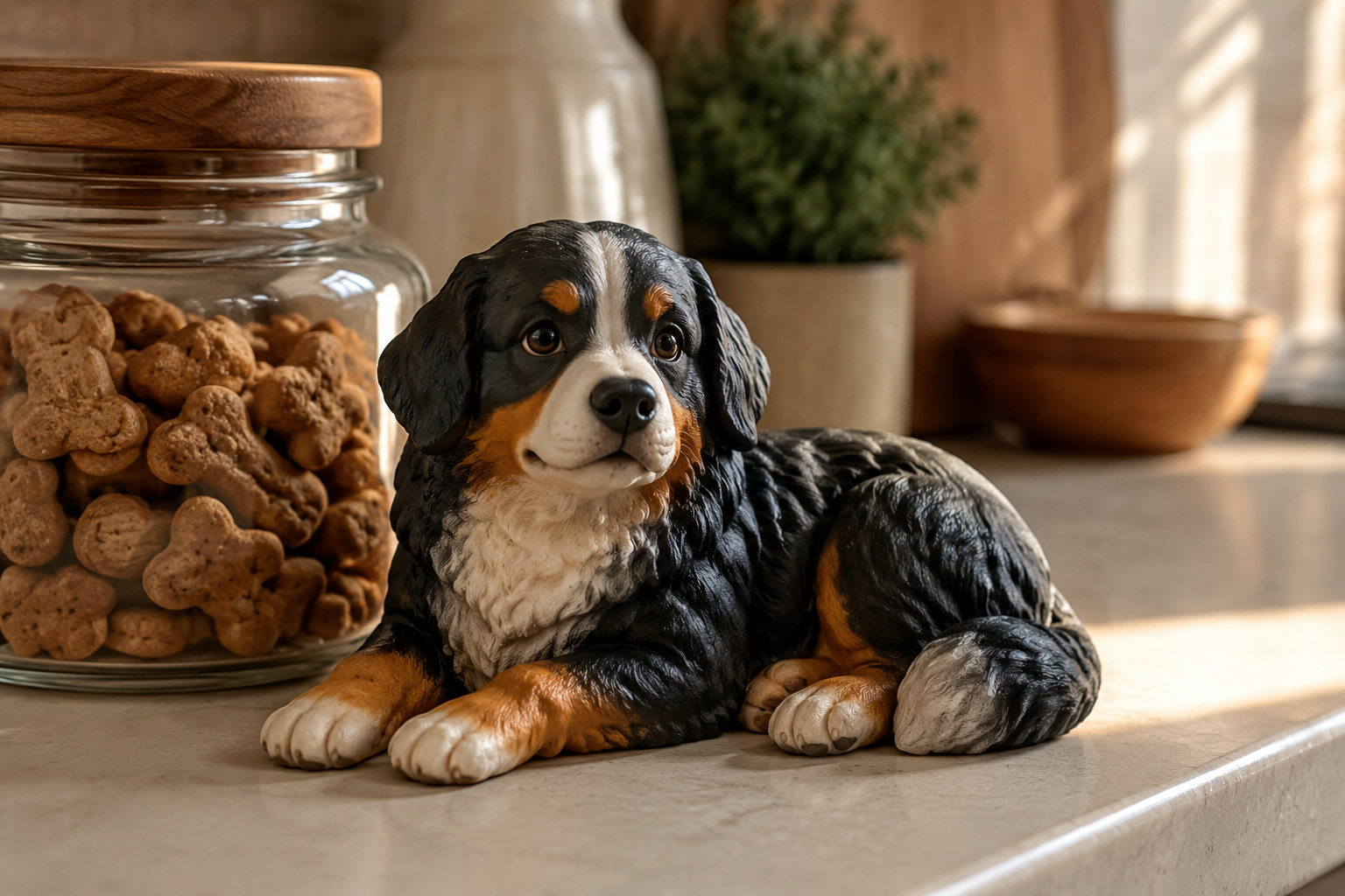 Full-color resin figurine of an aging Bernese Mountain Dog lying calmly — in-article view